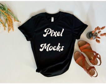 Maquete Black 3001, maquete Bella Canvas, maquete de camiseta preta, Flat Lay, maquete floral, maquete de outono, realista, maquete de planta, natural