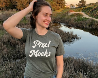 Maquete verde militar Bella Canvas 3001, maquete Bella Canvas 3001, maquete de outono, maquete de camisa Bella Canvas, maquete de camiseta modelo