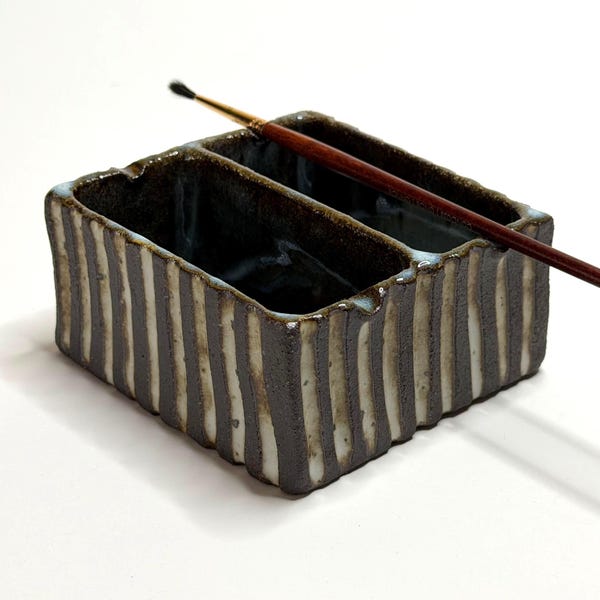 GROOVES: Small Ceramic Double Water Rinse Cup for Watercolor Painting