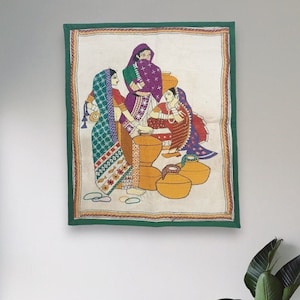 Handmade Nakshi kantha vintage decor, Folk art Indian Tapestry, Bengali embroidery village Women Motifs- Home Decore, Applique Wall hanging