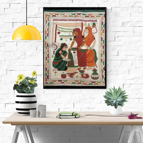Handmade Embroidered Nakshi Kantha Indian Folk Art - Village women motifs - Wall Hanging Tapestry. Premium Room decor, fabric poster gift