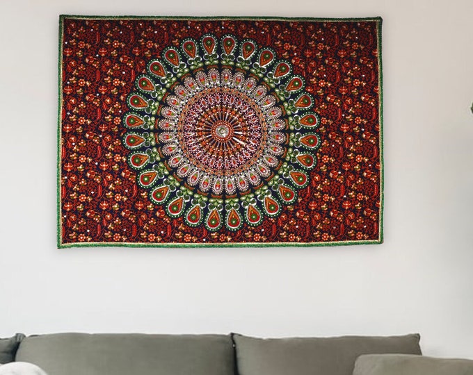 Tenture murale faite main de qualité supérieure en tapisserie brodée de mandalas rouges, affiche en tissu perlé, jeté de mur bohème, décoration de chambre, yoga, méditation, cadeau