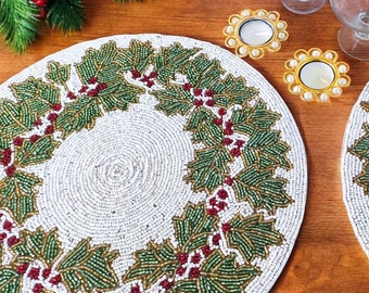 Christmas wreath theme white green beaded placemats, winter home decor, festive table throw, side Table Topper mats / Christmas gift to host