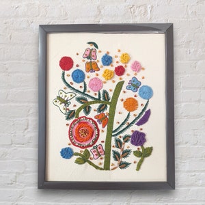 野花の花束を額装した壁掛け作品。花のモチーフをハンドメイドのアップリケ刺繍で表現したホームデコレーション。パステルカラーのキャンバスアート。ギフトにも最適です。