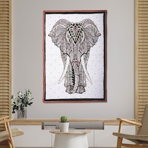 Decorated Elephant Handmade Tapestry with heavy Beads embroidery. Vibrant Fabric poster textile wall hanging , vintage art modern home décor