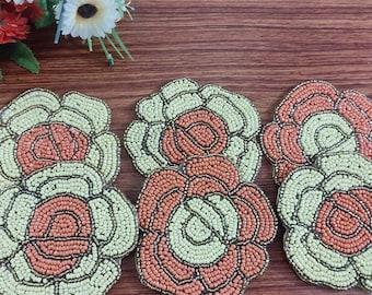 Handmade rose floral Beaded tea Coasters - Set of 4/6, Drink coasters, spring table topper decor, Vintage Embroidery Art, Easter table decor