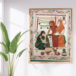 Art folklorique indien Nakshi Kantha brodé à la main - Motifs de femmes du village - Tapisserie murale. Décoration de chambre Premium, affiche d&#39;art du milieu du siècle