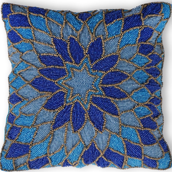 Indigo Blue floral Beaded Pillow Cover, Luxury Pillow Cover 16x16" Handmade Embroidery Embellished toss Custom Accent Personalized Gifting