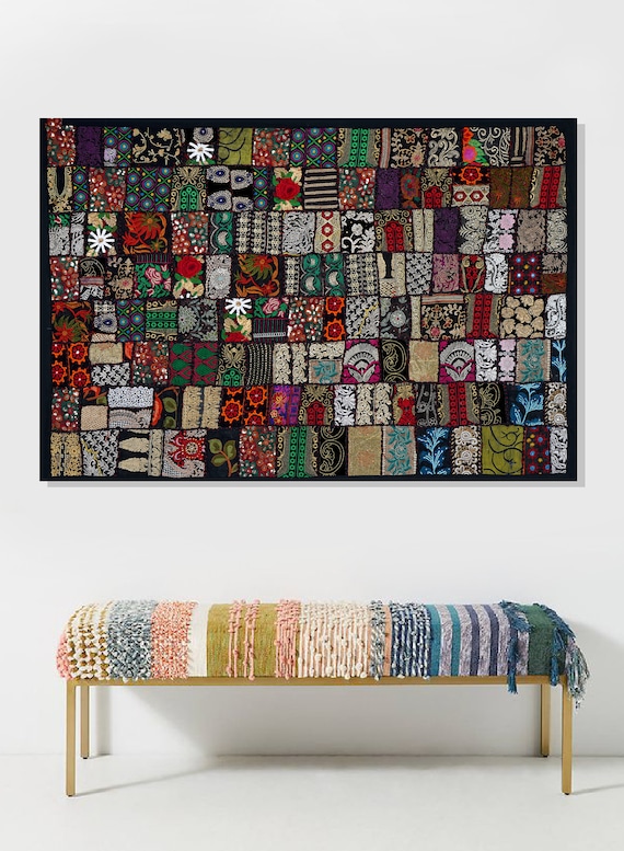 Tapis De Table Indien Patchwork Brodé - Fait Main En Coton - 155x53 Cm - Vintage Décoratif - Neuf