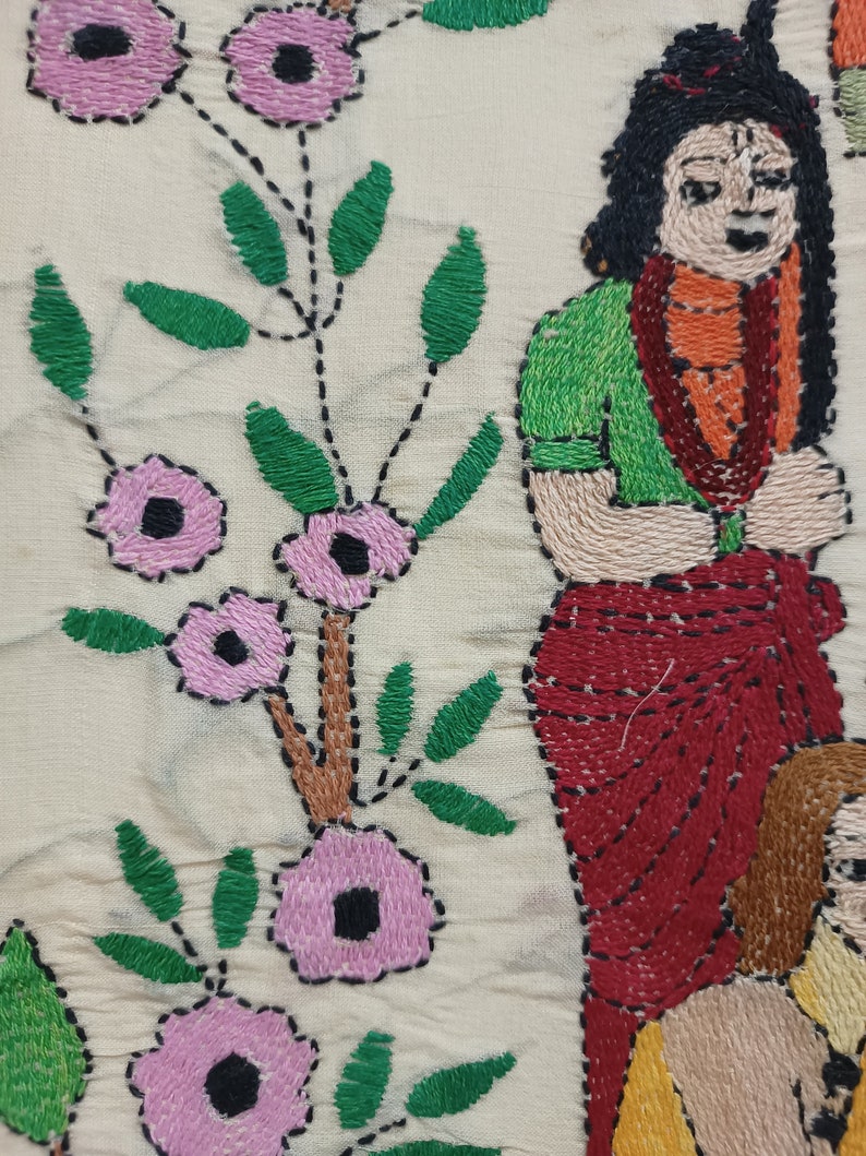 Handmade Hindu God Lord SHRI RAM Tapestry, Indian Vintage Art Bengali Nakshi Kantha, Ramayana