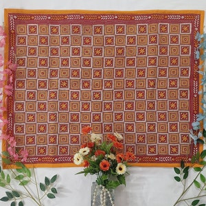 Vintage art Indian Nakshi Kantha Tapestry, Handmade Embroidery Wall Hanging, Abstract applique fabric wall throw, minimalist boho room decor