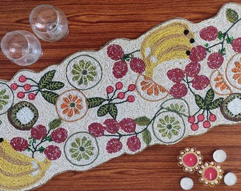 Handmade runner - Exotic fruits in Pastel Beads Embroidery. Easter table runner, Center & Dining table Topper/ Home decor, autumn season art