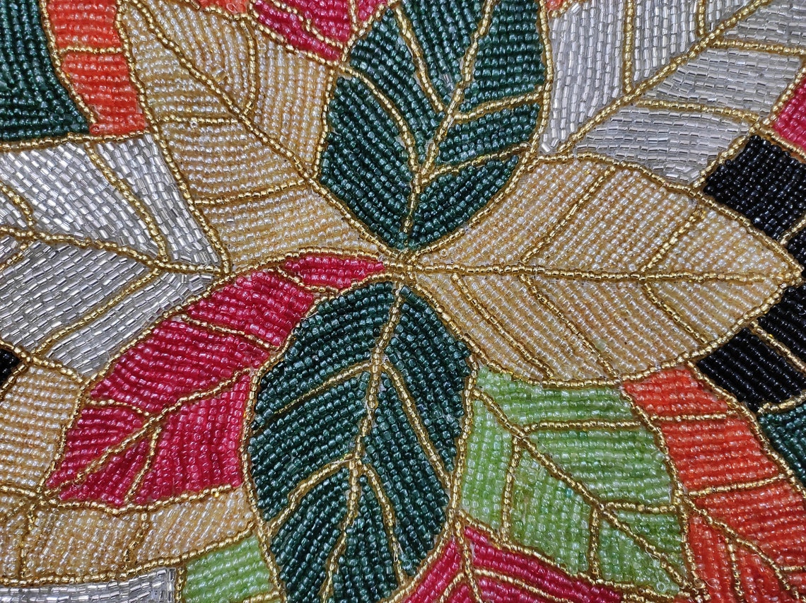 Buy Handmade Tropical Fall Leaves Beaded Embroidery Table Runner