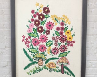 Handmade embroidered Bunch of wildflowers wall hanging. Floral applique embroidery on Fabric. Pastel shades canvas art. Gifting & Home Decor