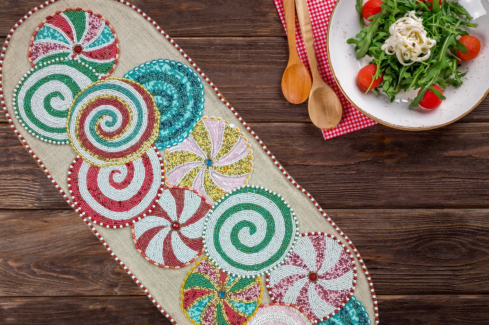 Handmade Colorful Festival Theme Beaded Embroidery Table Runner, Christmas holidays Home Decor, Center and Dining Topper/ winter gifting.