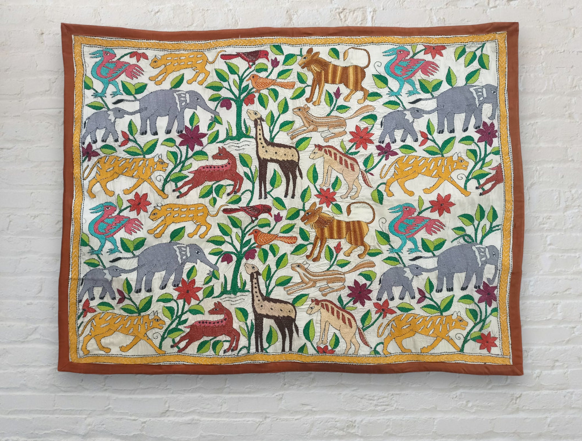 Handmade Animal Motifs Embroidery on Fabric Wall Hanging. Nakshi 