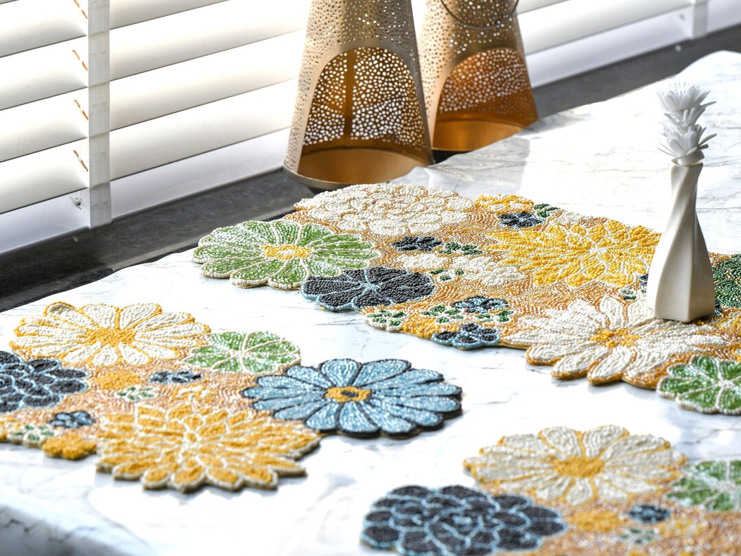 Handmade Blue, Yellow Floral Beaded Table Runner Set, Placemats ...