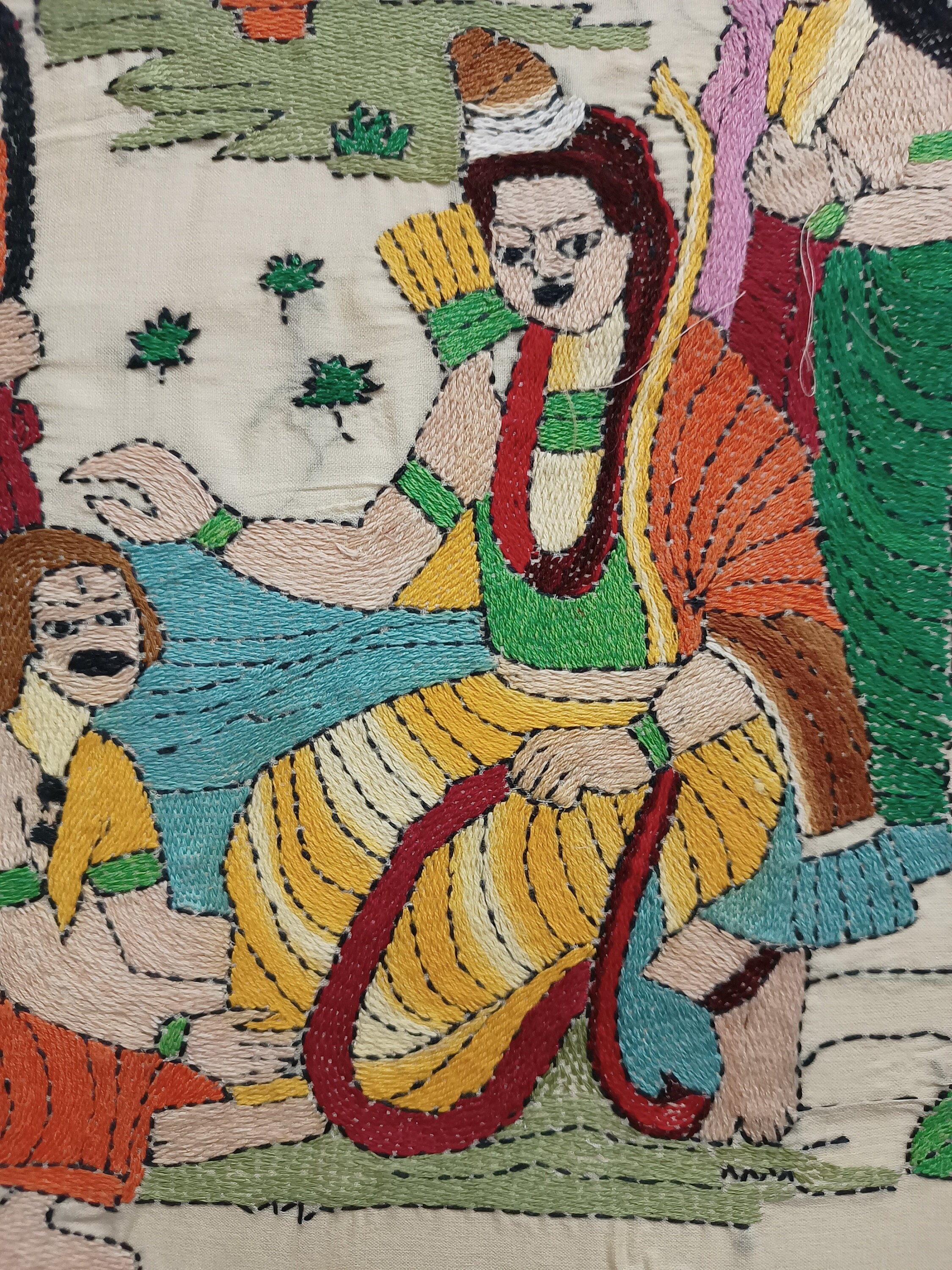 Handmade Hindu God Lord SHRI RAM Tapestry, Indian Vintage Art Bengali Nakshi Kantha, Ramayana