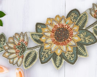 Handmade Sunflower home garden theme Bead Embroidery Table Runner, Center and Dining Topper, New Home Decor, gift to her, housewarming gifts