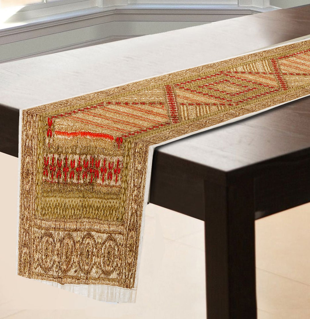 Red Patchwork Table Runner Handmade Golden Red Patchwork Wall Decor & Table Runner, Vintage ...