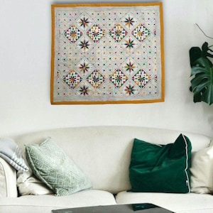 Handmade Nakshi Kantha Tapestry, Vintage Art Embroidery Wall Hanging - applique minimalist abstract fabric poster, Boho decor, 26*29&quot;