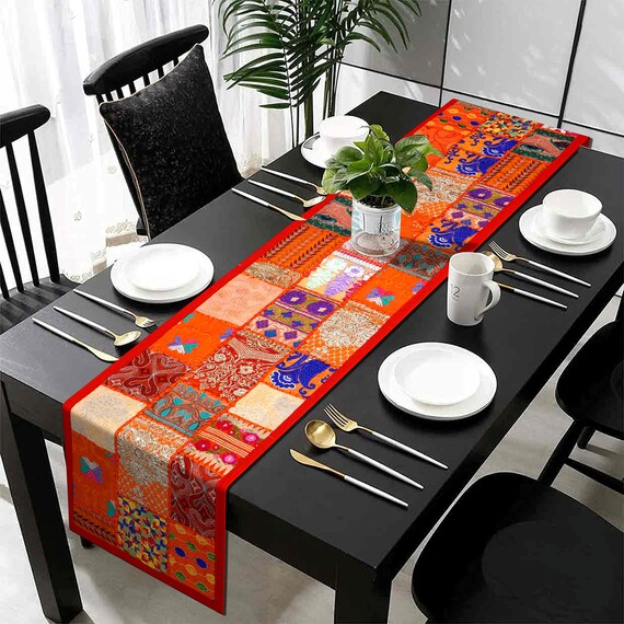 Tapis De Table Indien Patchwork Brodé - 155x53 Cm, Coton, Fait Main
