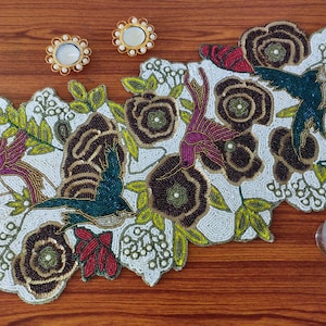 Handmade Birds & Flowers theme beaded table runner, nature inspired embroidery runner, Dining table topper/ spring home decor, Unique Gifts