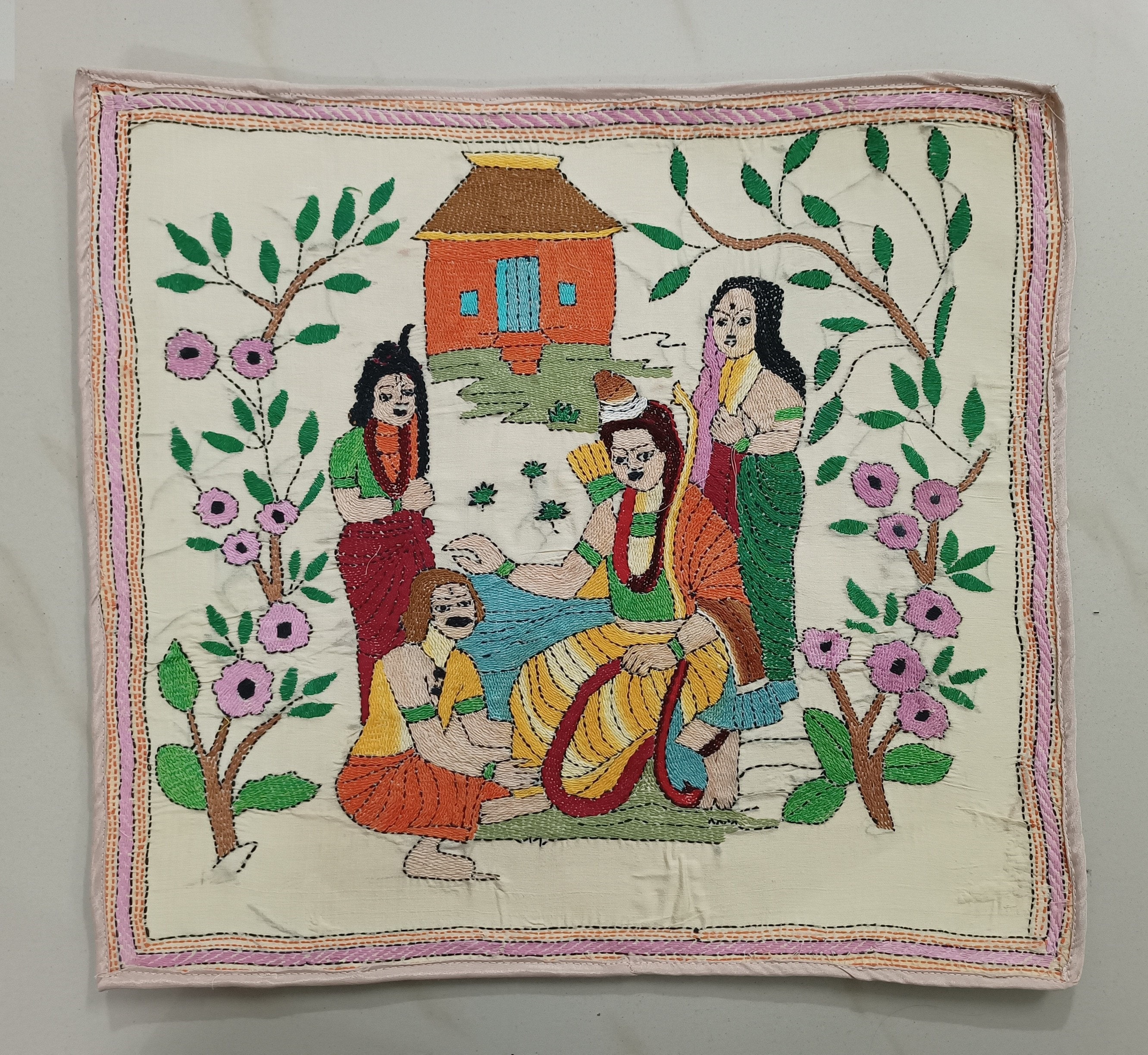 Handmade Hindu God Lord SHRI RAM Tapestry, Indian Vintage Art Bengali Nakshi Kantha, Ramayana