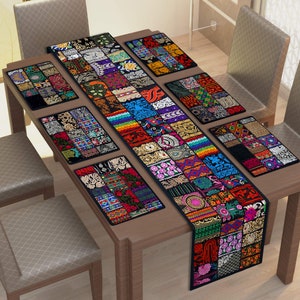 Handmade multicolor Kutch patchwork Runner & Placemats - Center and Dining Table Topper/ table cover/ Gifting, Home Decor, Set of 7 piecess