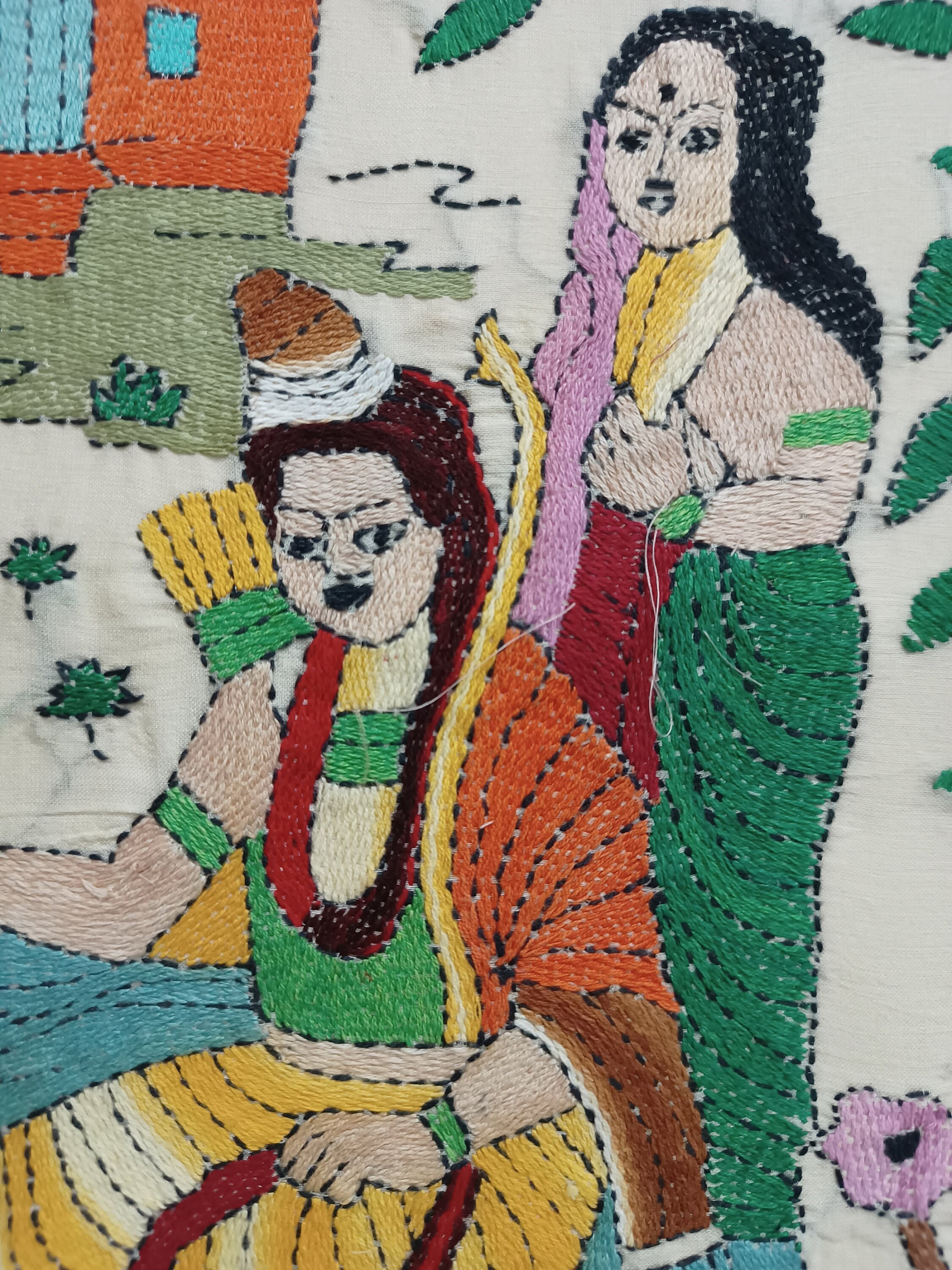 Handmade Hindu God Lord SHRI RAM Tapestry, Indian Vintage Art Bengali Nakshi Kantha, Ramayana