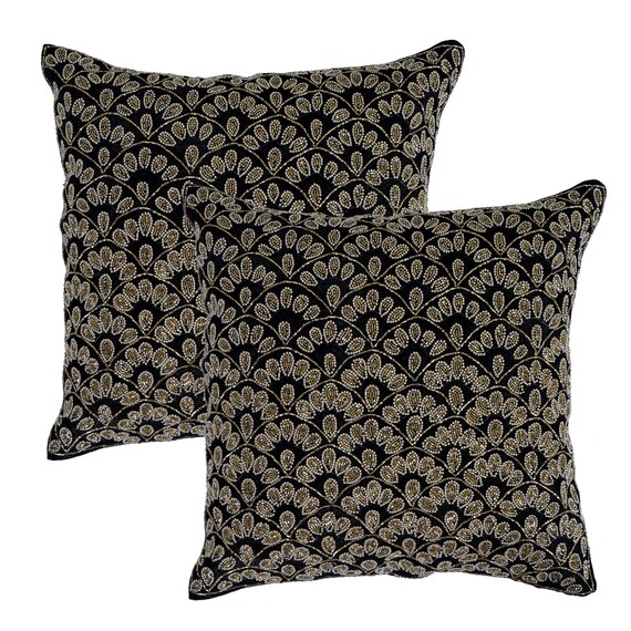 Black Golden Leaves Beaded Throw Pillow Cover Luxury Contemporary