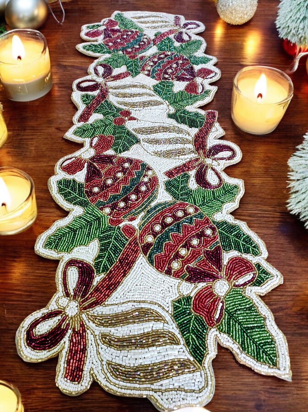 Red and Green Bow and Holly Handmade Beaded Table Runner, Bells With ...