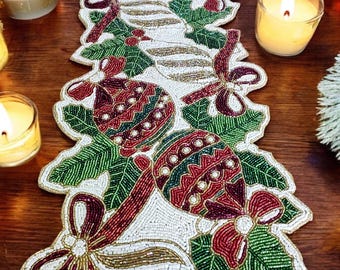 Handmade Christmas table runner, Christmas bells with holy leaves beaded table runner, red, white centerpiece, holiday home decor 13*36 inch