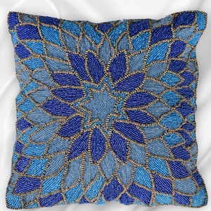 Handmade Sofa throws, pillow cover. Indigo Blue floral beaded cushion case, needlepoint Embroidery, Boho-chic holiday home decor living room