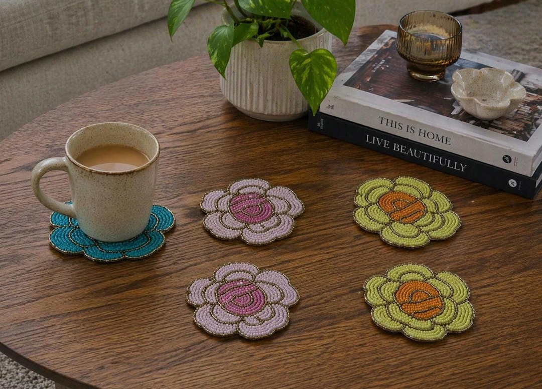 Handmade Colourful Floral Beaded Tea Coasters - Set of 4/6, Drink ...