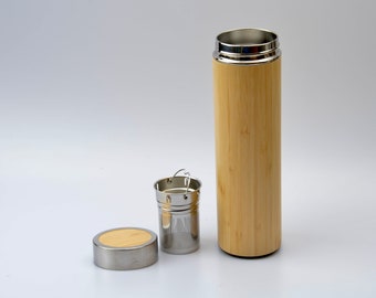 Personalized thermos/insulated bottle, bamboo, 500ml; travel bottle, thermos flask, insulated bottle; sustainable for coffee, tea, iced tea