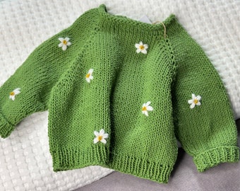 Baby sweater knitted & embroidered child daisy raglan green cotton / daisy sweater