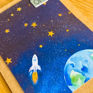 LED Geburtstagskarte Junge Weltraum Raumschiff Sterne Kindergeburtstag Klappkarte mit Effekt beleuchtete Karte Kind