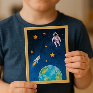 LED Geburtstagskarte Weltraum Astronaut Raumschiff goldene Sterne Kindergeburtstag Karte mit Effekt beleuchtete Karte Kind Junge
