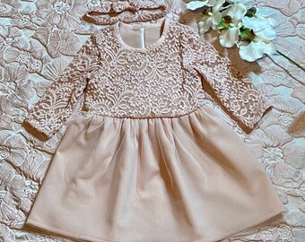 Elegantes Kleid mit langen Ärmeln | Handgemachtes Partykleid | Kleid Baby Mädchen Taufe | Babykleid Spitze| Kleid mit Schleife | Süsse Babyhochzeit