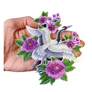Iron on patch ,Japanese crane and spring flowers, crane patch,Japanese bird, Japanese art symbol, romantic flower,DIY bird applique, Gift