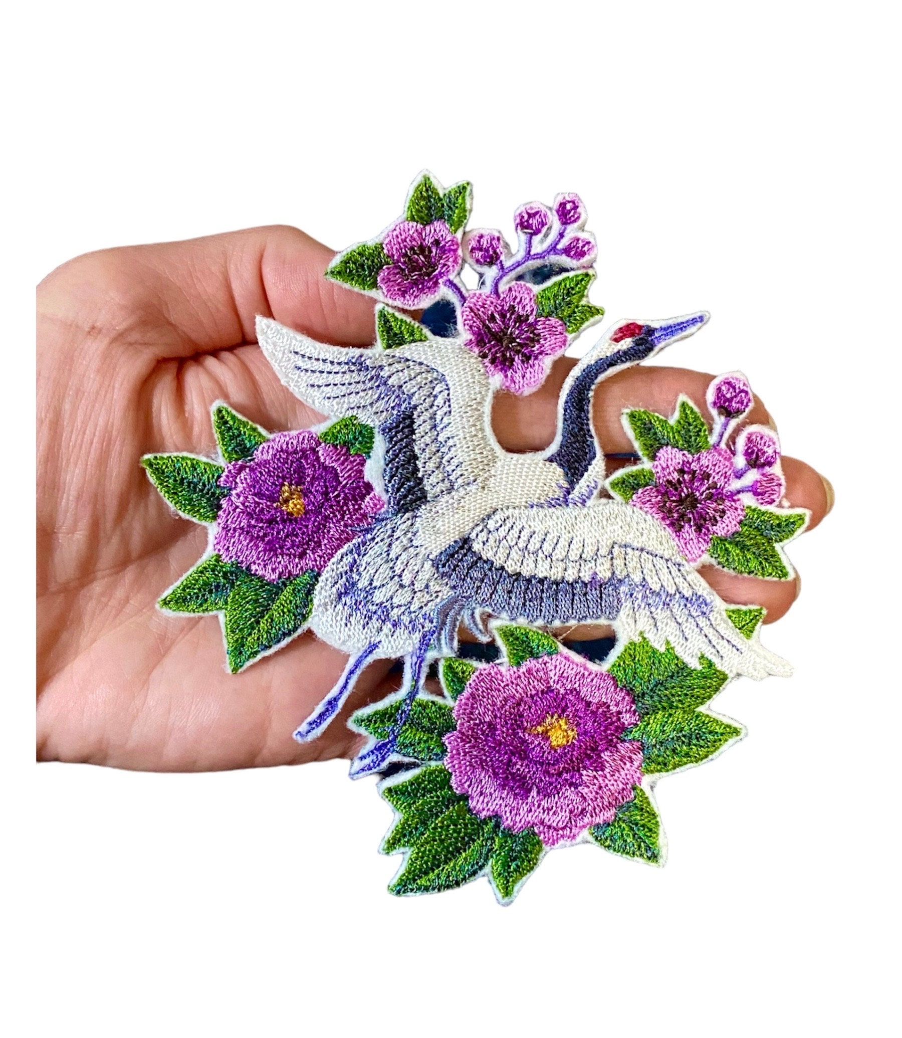 Iron on patch ,Japanese crane and spring flowers, crane patch,Japanese bird, Japanese art symbol, romantic flower,DIY bird applique, Gift