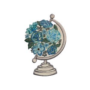 May include: An embroidered patch of a globe with blue flowers on a white background.