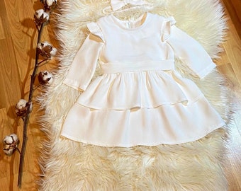 Elegantes Kleid für Mädchen mit langen Ärmeln |Weißes Kinderkleid mit Schleife| süßes Baby Brautkleid|Kleid Baby Mädchen Taufe|Geburtstagskleid