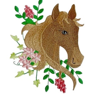 May include: Embroidered patch featuring a brown horse's head with a mane and a floral design. The flowers are pink and white with green leaves.