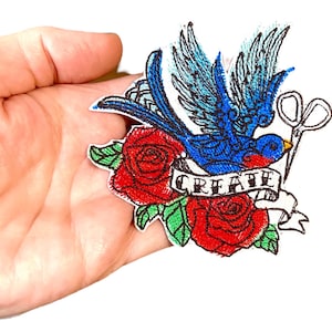 Patch de andorinha, Patch DIY, Emblema de criatividade, Aplique decorativo bordado, Presente criativo, Aplique fofo, Bordado DIY, Patch de pássaro, Patch de rosa