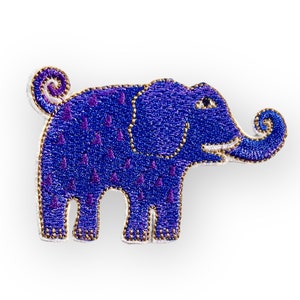 May include: A blue embroidered elephant with a curled trunk and purple accents. The elephant is outlined in gold thread.