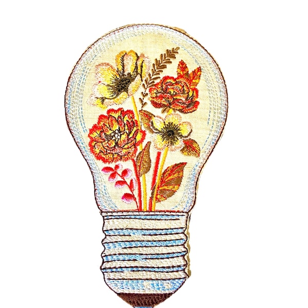 Iron patch with flowers in light bulb,embroidered symbol of light and life,lamp symbol of the idea of ligh diy embroidery,applique lamp