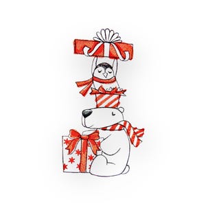 Op de afbeelding: Een witte ijsbeer met een rood-wit gestreepte sjaal houdt een rood-wit gestreepte geschenkdoos vast. Een pinguïn met een rode sjaal zit bovenop de geschenkdoos en houdt een rode geschenkdoos met een witte strik vast.