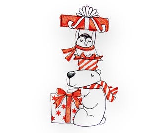 Weihnachts Aufnäher Bär und Pinguin mit Geschenken, Aufnäher Bär zum Aufnähen, DIY Stickerei, gestickte Applikation